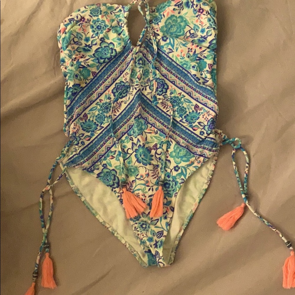 Strapless, boho chic, one piece baithing suit.